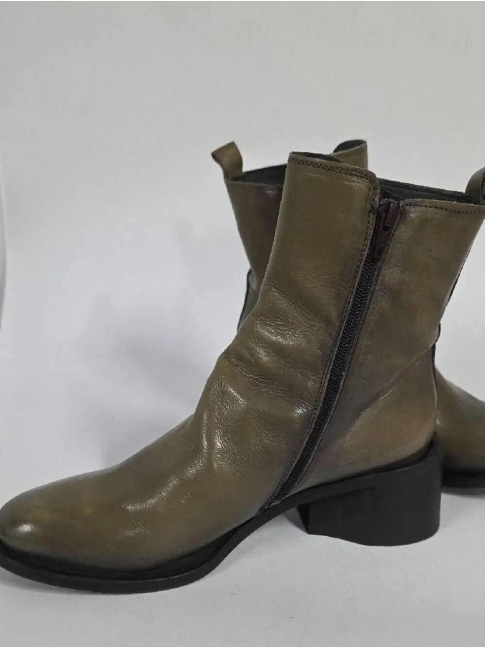 Moma Women’s Italian Leather Agnes Olive Ankle Boots - Side Zipper, Size 9 - 9.5